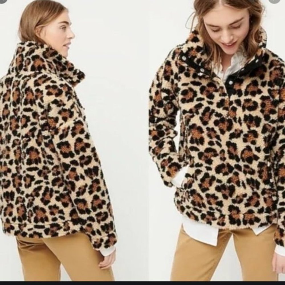 J.Crew Snap Collar Sherpa Sweatshirt in Leopard - L